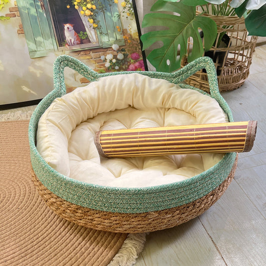 KFX-4910653 Universal Rattan Cat Nest in Green and Pink - Grass & Rattan Bamboo Design for Small to Large Cats