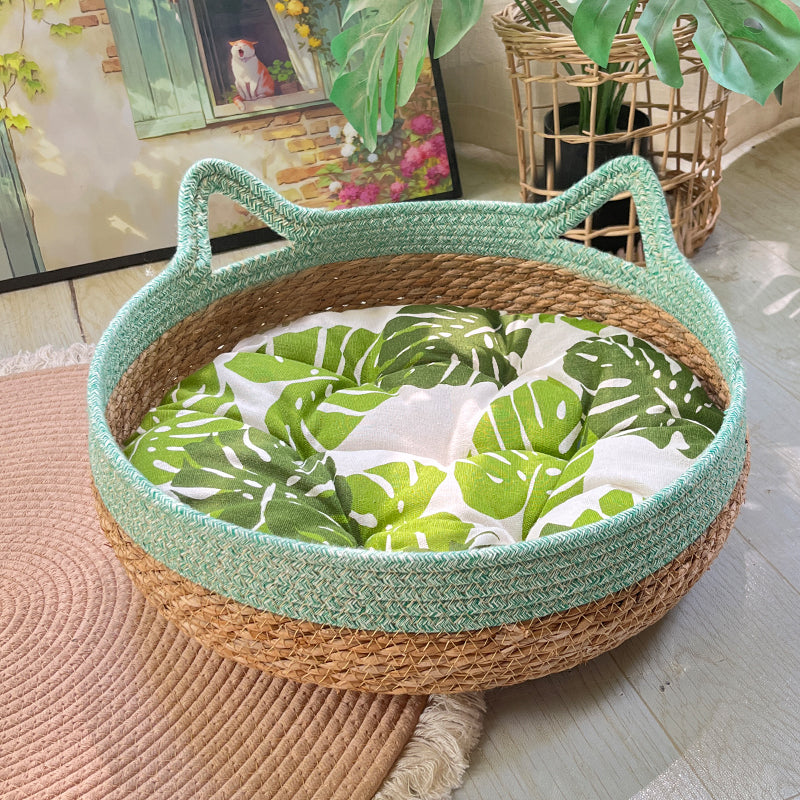KFX-4910653 Universal Rattan Cat Nest in Green and Pink - Grass & Rattan Bamboo Design for Small to Large Cats