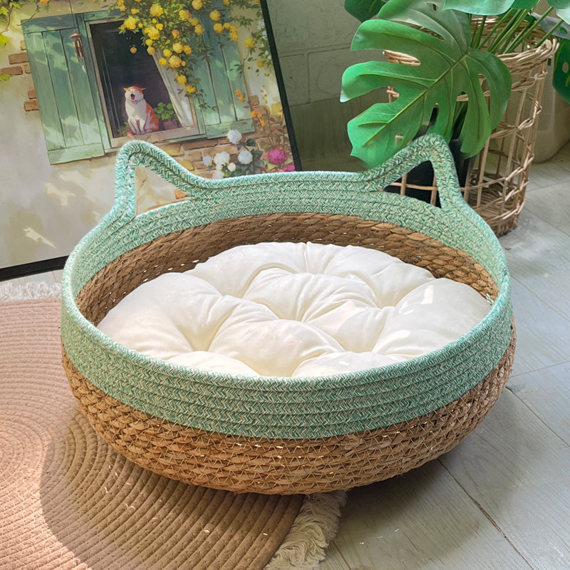 KFX-4910653 Universal Rattan Cat Nest in Green and Pink - Grass & Rattan Bamboo Design for Small to Large Cats