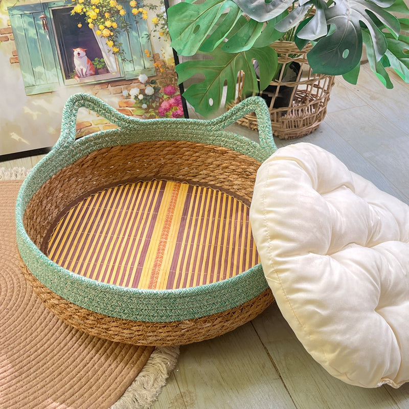 KFX-4910653 Universal Rattan Cat Nest in Green and Pink - Grass & Rattan Bamboo Design for Small to Large Cats