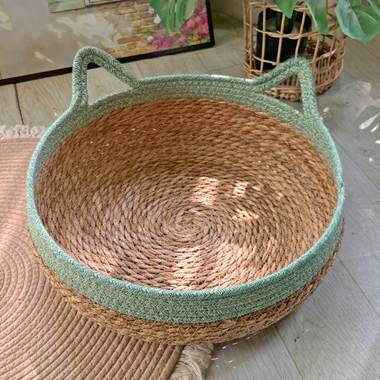 KFX-4910653 Universal Rattan Cat Nest in Green and Pink - Grass & Rattan Bamboo Design for Small to Large Cats