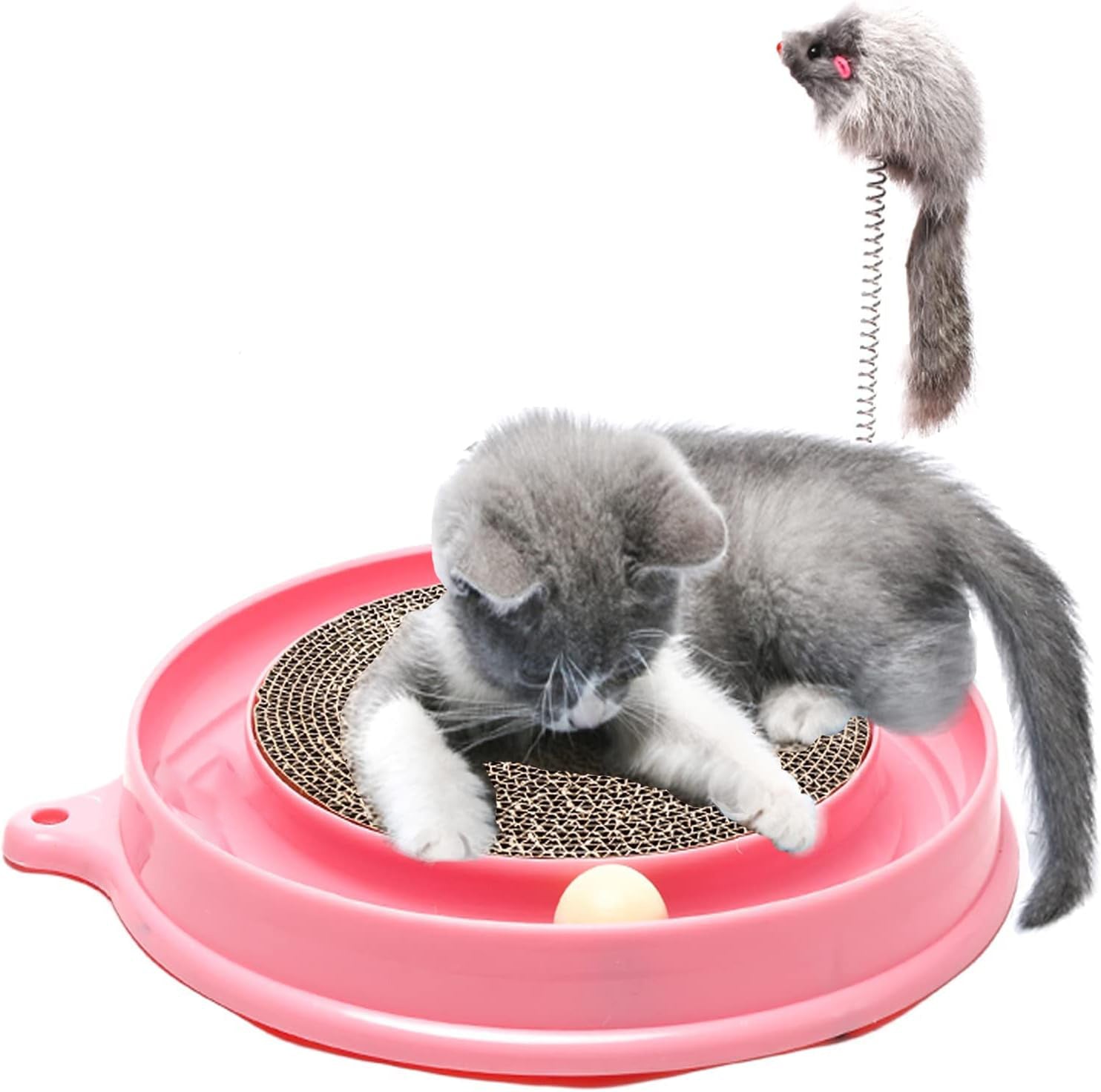 KFX-4911933 Interactive Cat Scratcher Toy with Ball and Mouse Swatter - Engaging Scratch Pad for Cats and Kittens, 13" Base, Durable Design