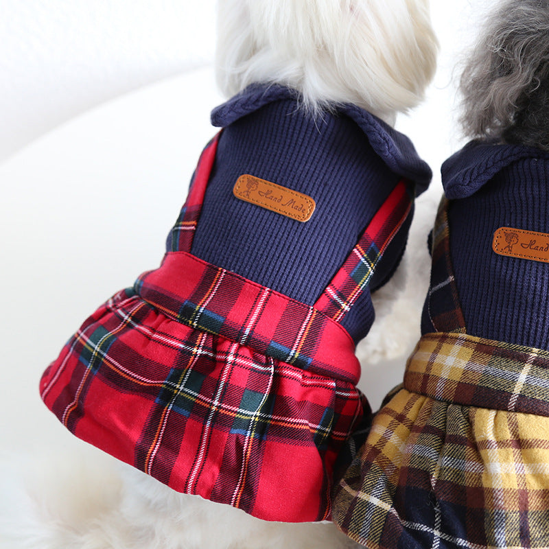KFX-4912829 Plaid College Style Skirt for Cats - Lattice Patterned Pet Clothing in Yellow and Red
