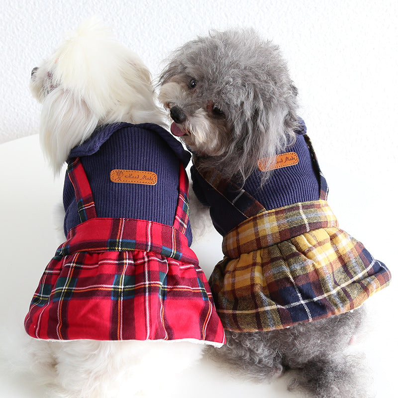 KFX-4912829 Plaid College Style Skirt for Cats - Lattice Patterned Pet Clothing in Yellow and Red