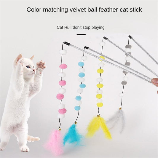 KFX-4929213 Interactive Cat Teaser Stick with Pompon Feather and Bell - 31cm Long, Gray/Yellow/Blue