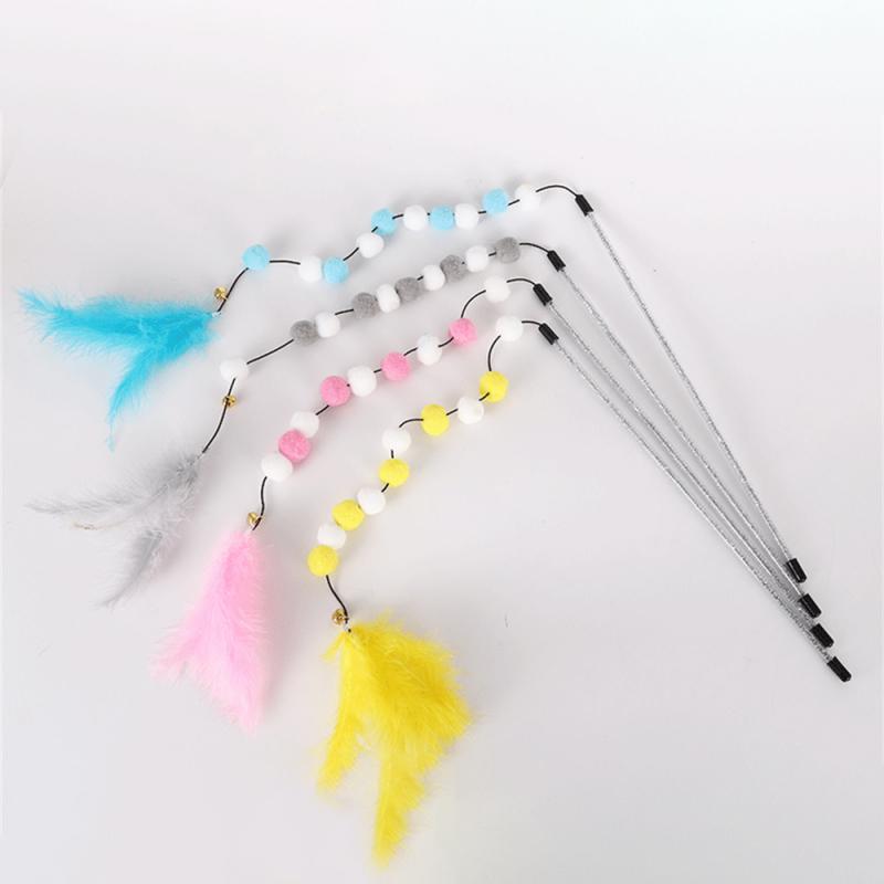 KFX-4929213 Interactive Cat Teaser Stick with Pompon Feather and Bell - 31cm Long, Gray/Yellow/Blue