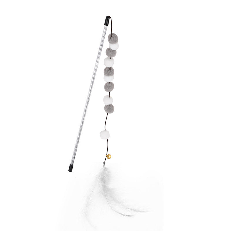 KFX-4929213 Interactive Cat Teaser Stick with Pompon Feather and Bell - 31cm Long, Gray/Yellow/Blue
