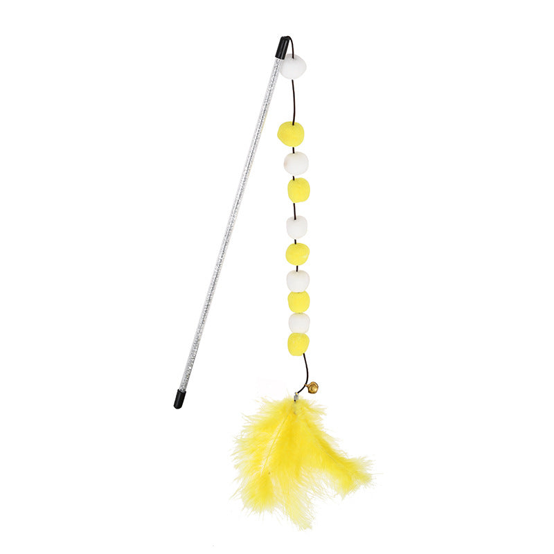 KFX-4929213 Interactive Cat Teaser Stick with Pompon Feather and Bell - 31cm Long, Gray/Yellow/Blue