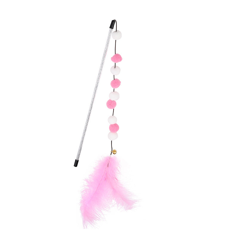 KFX-4929213 Interactive Cat Teaser Stick with Pompon Feather and Bell - 31cm Long, Gray/Yellow/Blue
