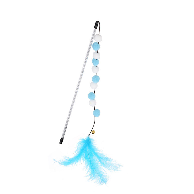 KFX-4929213 Interactive Cat Teaser Stick with Pompon Feather and Bell - 31cm Long, Gray/Yellow/Blue