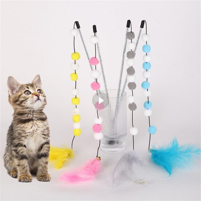 KFX-4929213 Interactive Cat Teaser Stick with Pompon Feather and Bell - 31cm Long, Gray/Yellow/Blue