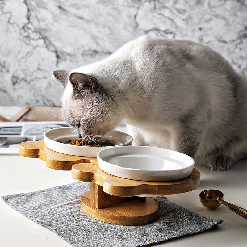 KFX-4931901 Ceramic and Wood Automatic Cat Bowl with Multiple Designs and Two Bowls Included