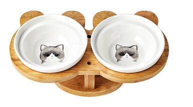 KFX-4931901 Ceramic and Wood Automatic Cat Bowl with Multiple Designs and Two Bowls Included