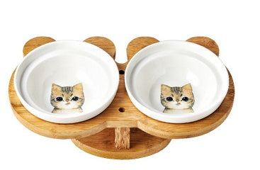 KFX-4931901 Ceramic and Wood Automatic Cat Bowl with Multiple Designs and Two Bowls Included