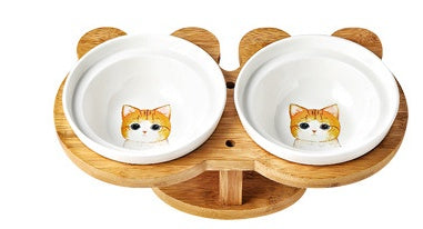 KFX-4931901 Ceramic and Wood Automatic Cat Bowl with Multiple Designs and Two Bowls Included
