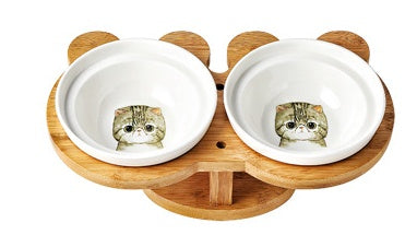 KFX-4931901 Ceramic and Wood Automatic Cat Bowl with Multiple Designs and Two Bowls Included