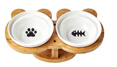 KFX-4931901 Ceramic and Wood Automatic Cat Bowl with Multiple Designs and Two Bowls Included