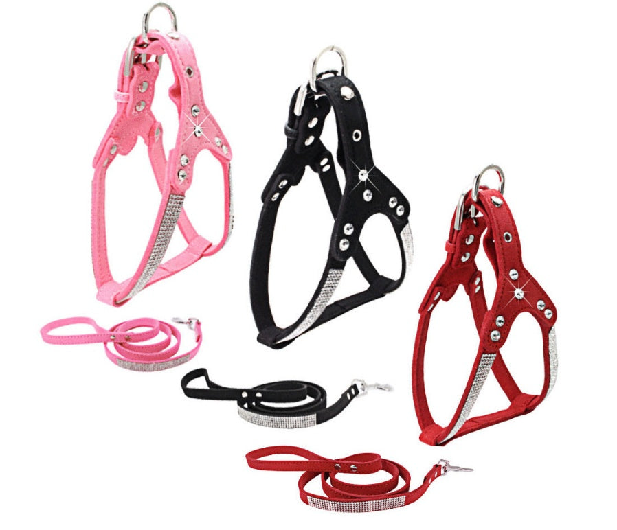 KFX-4936765 Rhinestone Suede Chest Strap for Small to Medium Dogs with Crystal Bone Pendant
