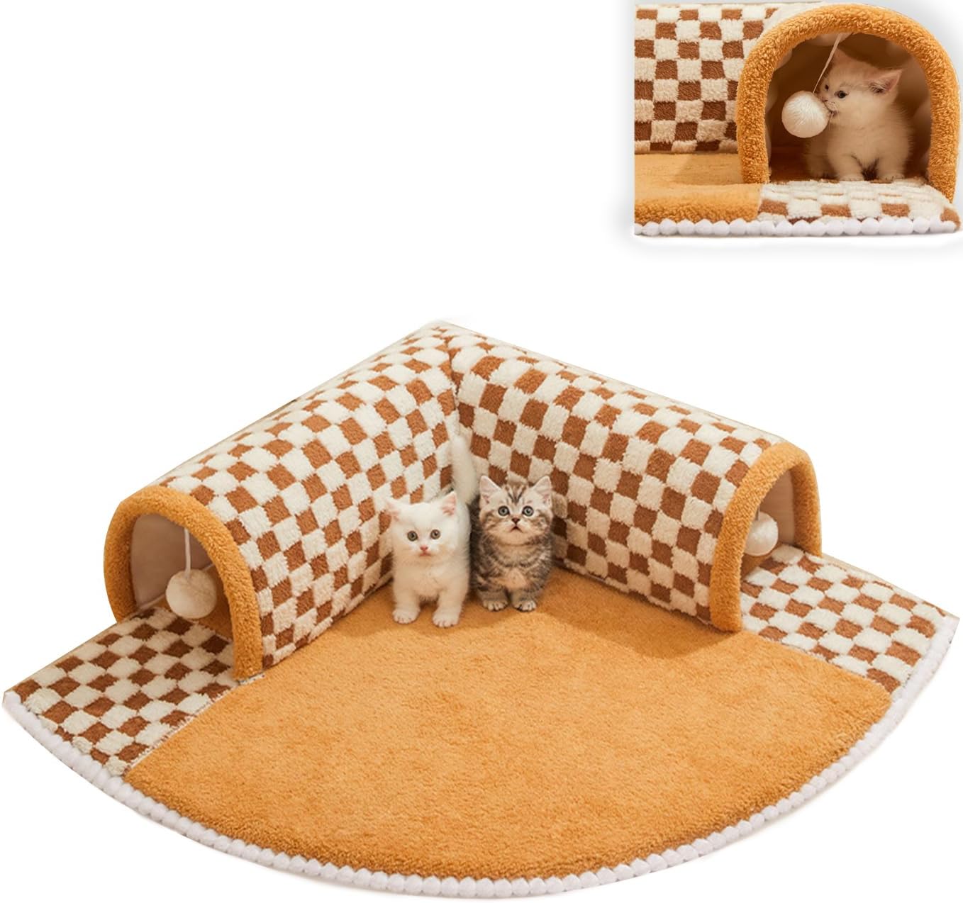 KFX-4944701 Plush Plaid Cat Tunnel Bed with Central Mat – 2-in-1 Indoor Cat Play and Sleep Space