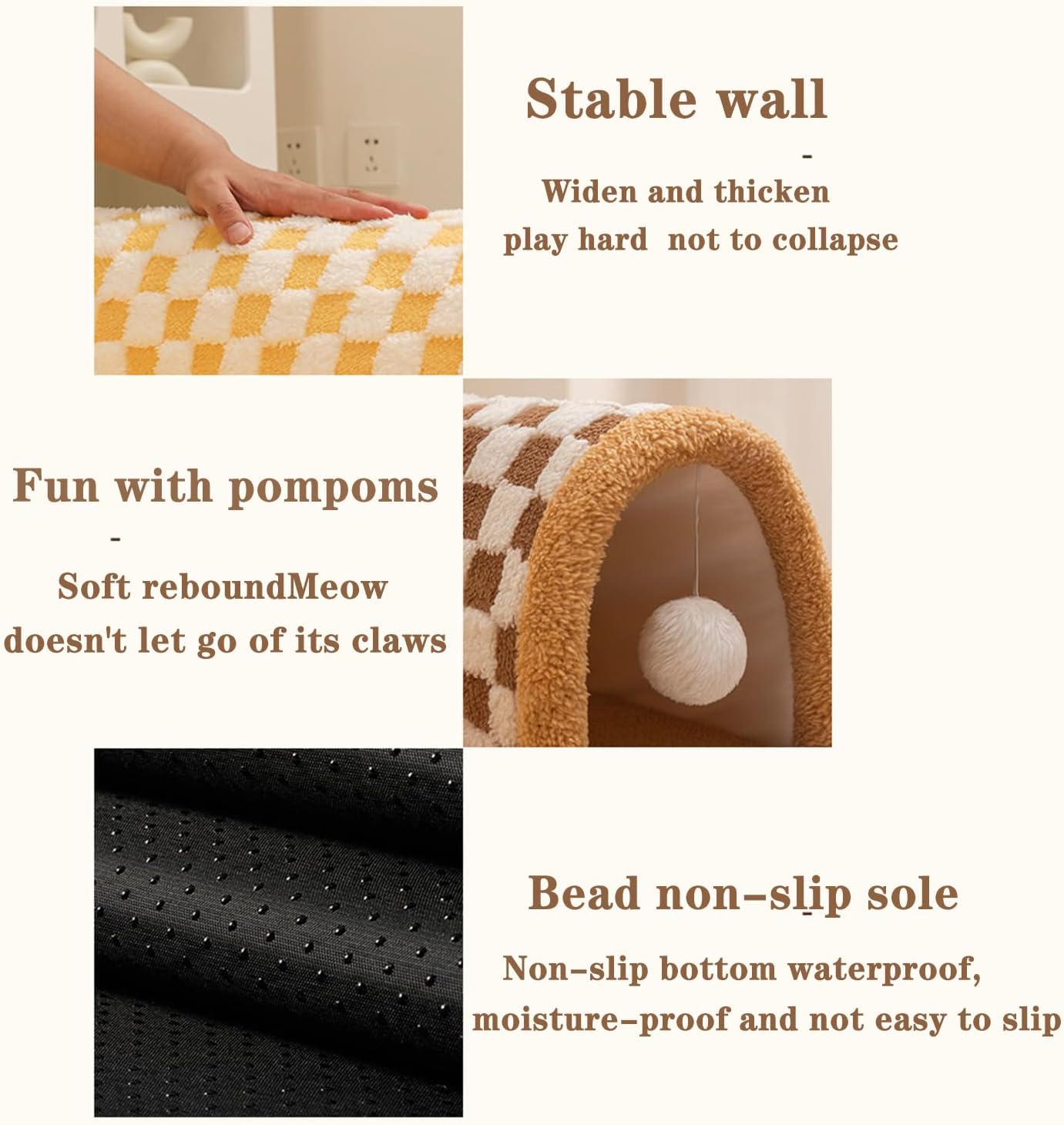 KFX-4944701 Plush Plaid Cat Tunnel Bed with Central Mat – 2-in-1 Indoor Cat Play and Sleep Space