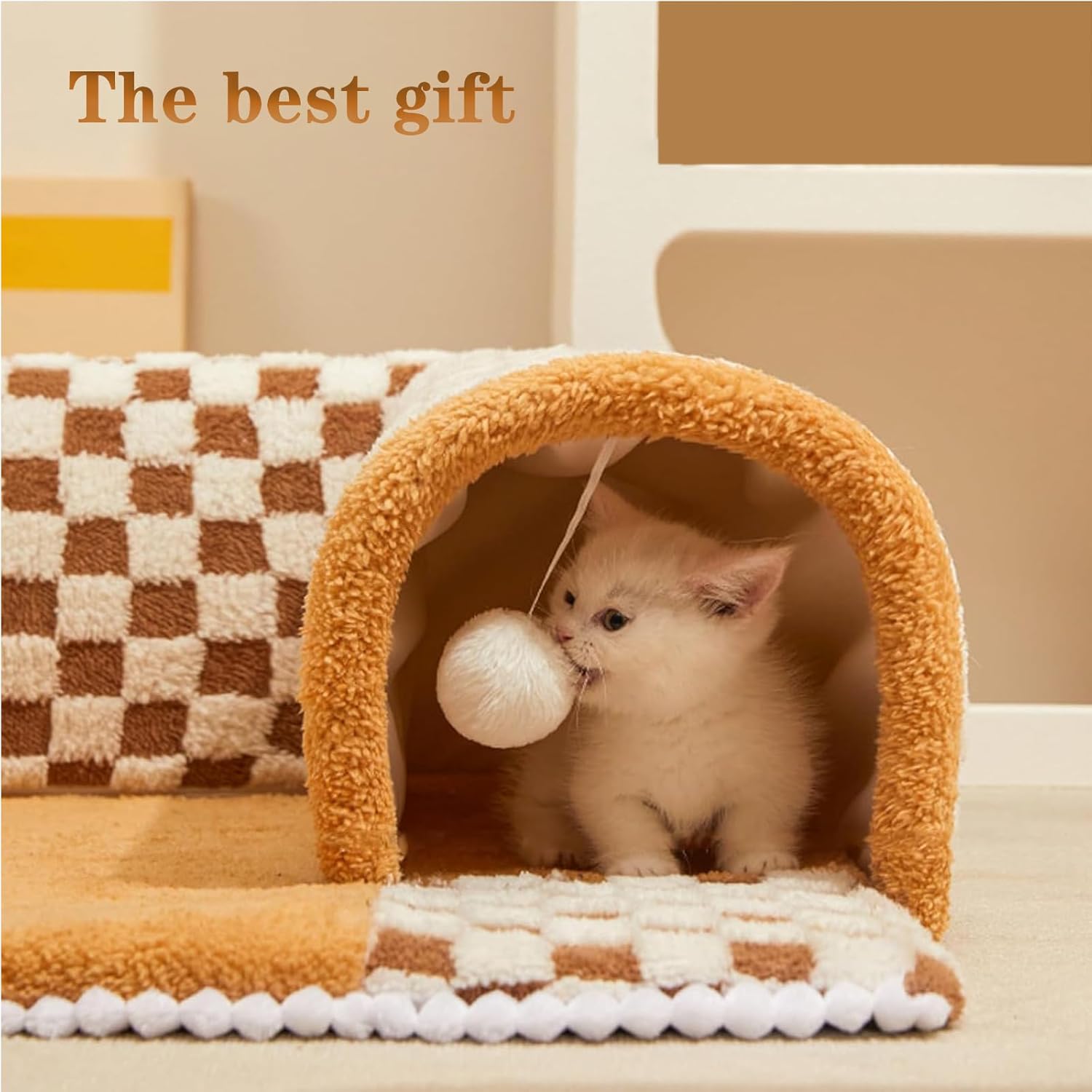 KFX-4944701 Plush Plaid Cat Tunnel Bed with Central Mat – 2-in-1 Indoor Cat Play and Sleep Space