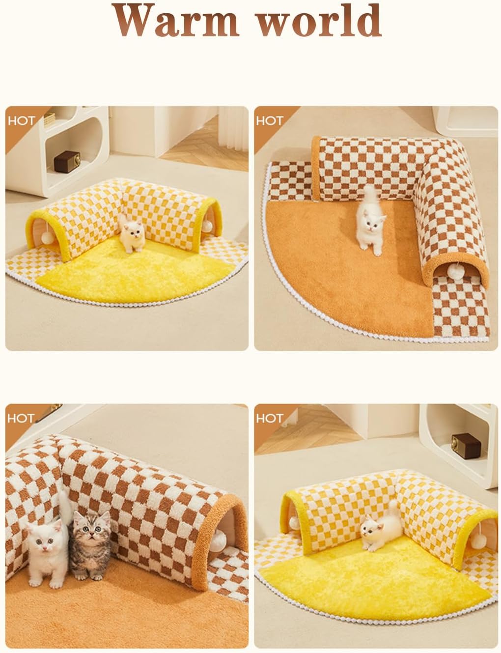 KFX-4944701 Plush Plaid Cat Tunnel Bed with Central Mat – 2-in-1 Indoor Cat Play and Sleep Space