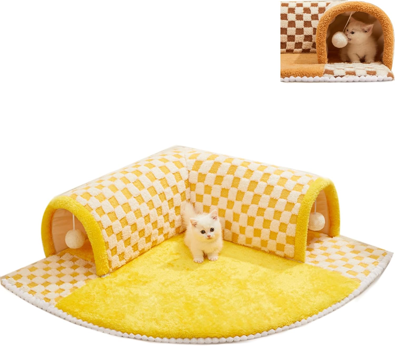 KFX-4944701 Plush Plaid Cat Tunnel Bed with Central Mat – 2-in-1 Indoor Cat Play and Sleep Space