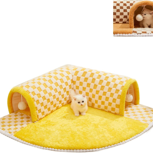 KFX-4944701 Plush Plaid Cat Tunnel Bed with Central Mat – 2-in-1 Indoor Cat Play and Sleep Space