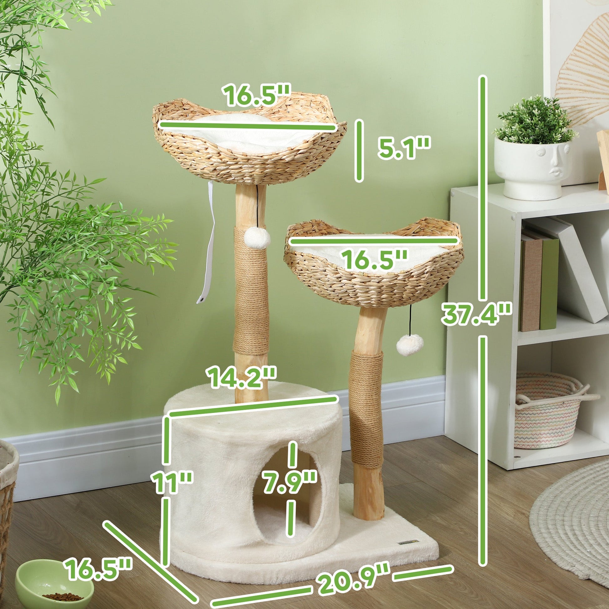 KFX-4946493 Modern 37-Inch Cat Tree with Wooden Scratching Posts, Condo, Beds, Cushions, and Toy Balls