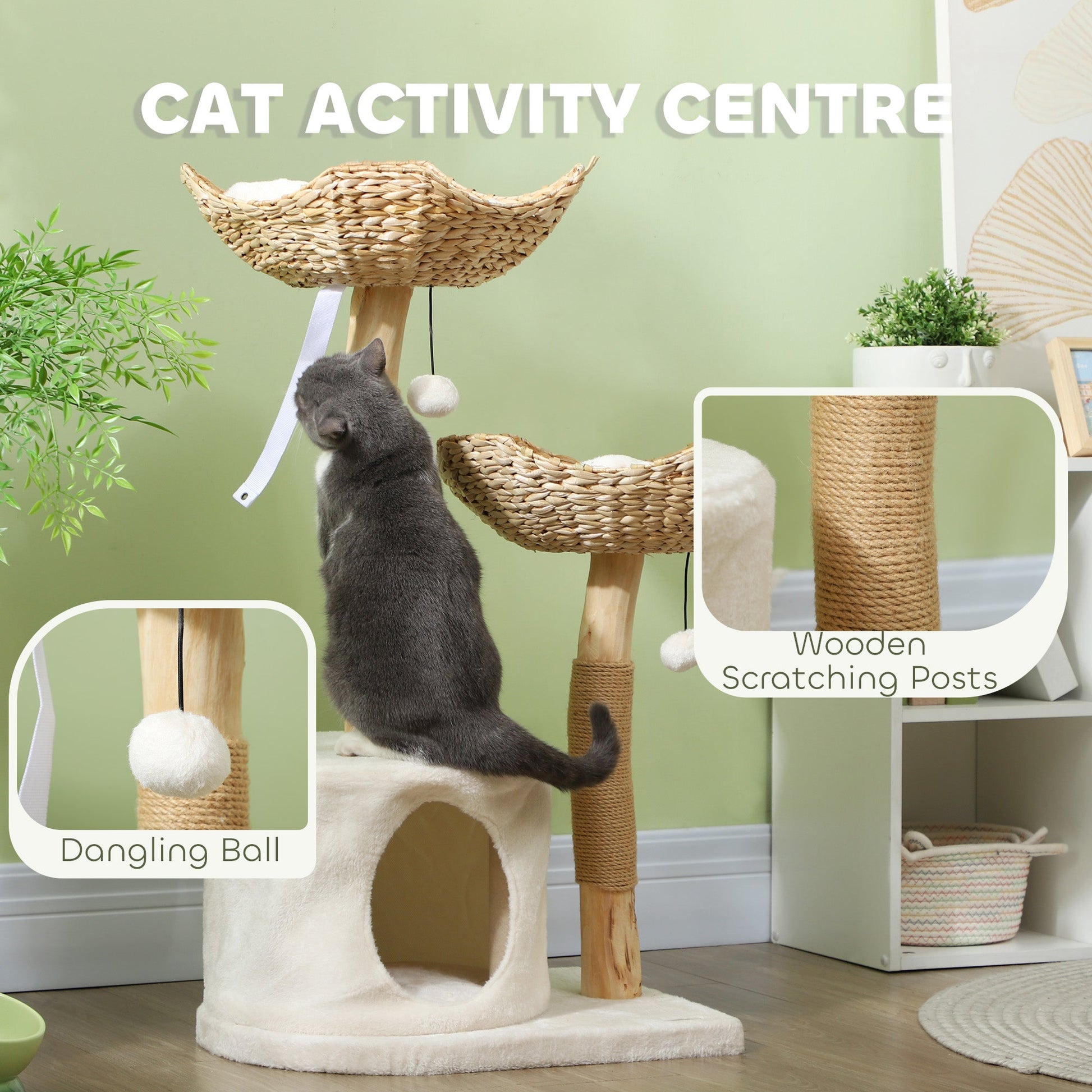 KFX-4946493 Modern 37-Inch Cat Tree with Wooden Scratching Posts, Condo, Beds, Cushions, and Toy Balls