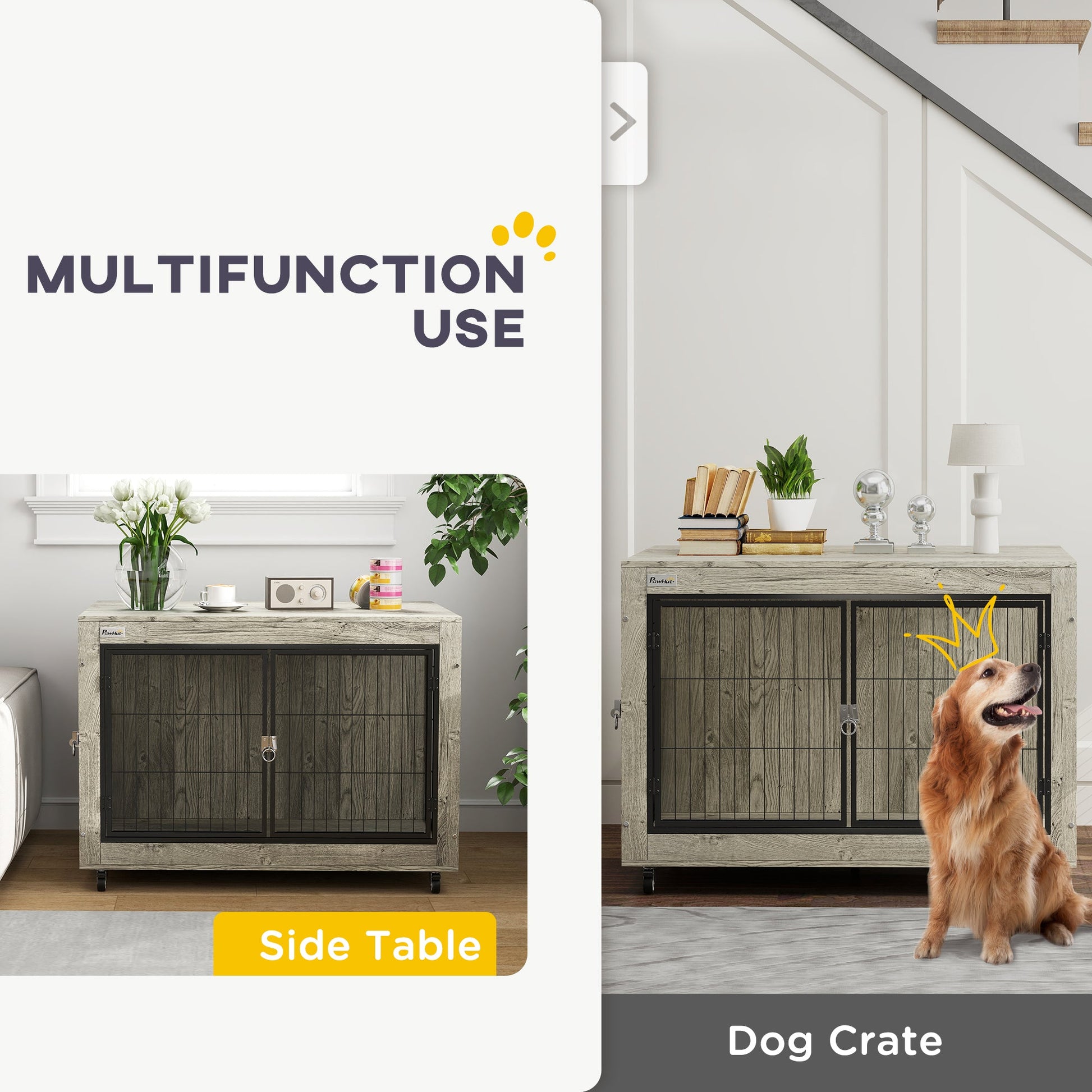 KFX-4946877 39-Inch Dog Crate Furniture Side Table on Wheels – Gray, Interchangeable Access Doors, Ideal for Large Dogs up to 66 lbs