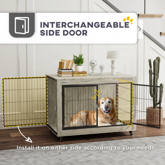 KFX-4946877 39-Inch Dog Crate Furniture Side Table on Wheels – Gray, Interchangeable Access Doors, Ideal for Large Dogs up to 66 lbs