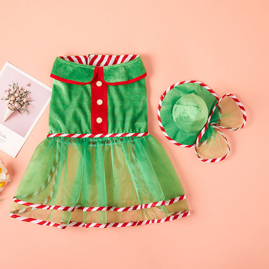 KFX-4950589 Cute Green Gauze Skirt and Hat Outfit for Dogs - Holiday Pet Clothing