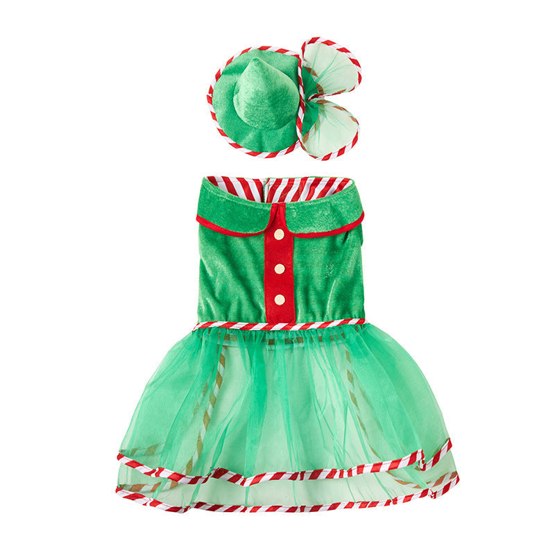 KFX-4950589 Cute Green Gauze Skirt and Hat Outfit for Dogs - Holiday Pet Clothing
