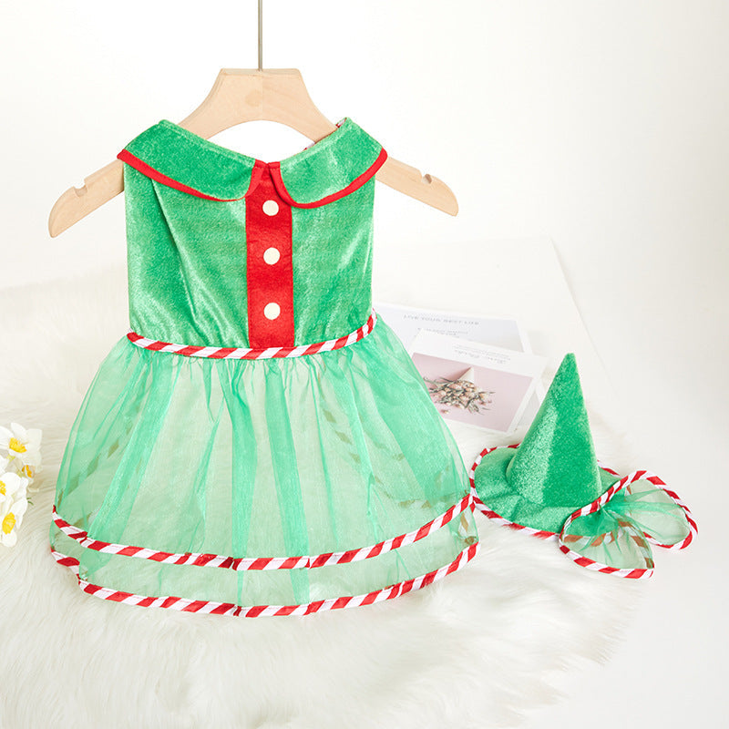 KFX-4950589 Cute Green Gauze Skirt and Hat Outfit for Dogs - Holiday Pet Clothing