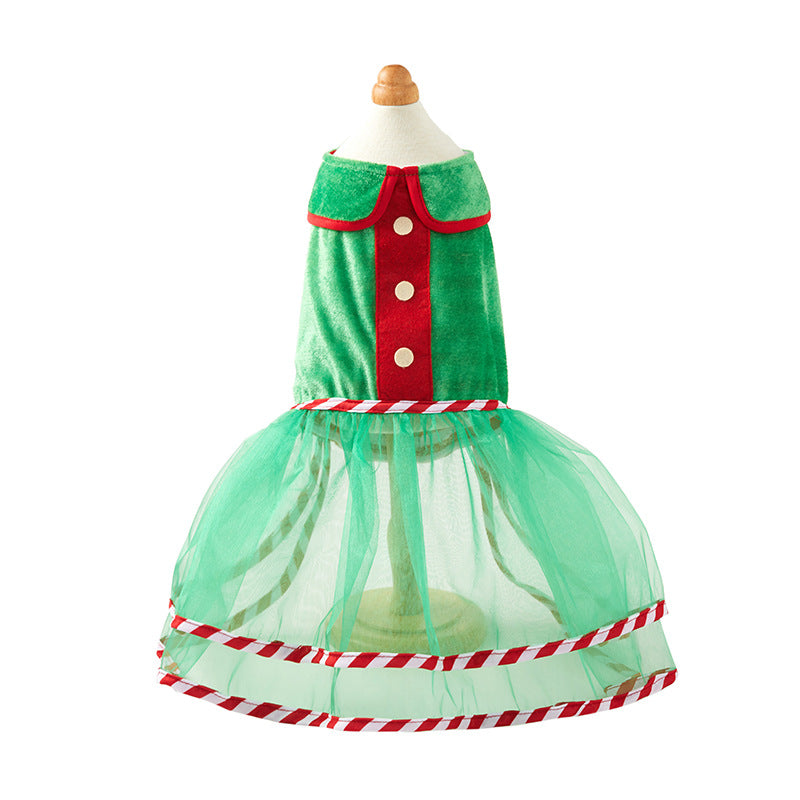 KFX-4950589 Cute Green Gauze Skirt and Hat Outfit for Dogs - Holiday Pet Clothing