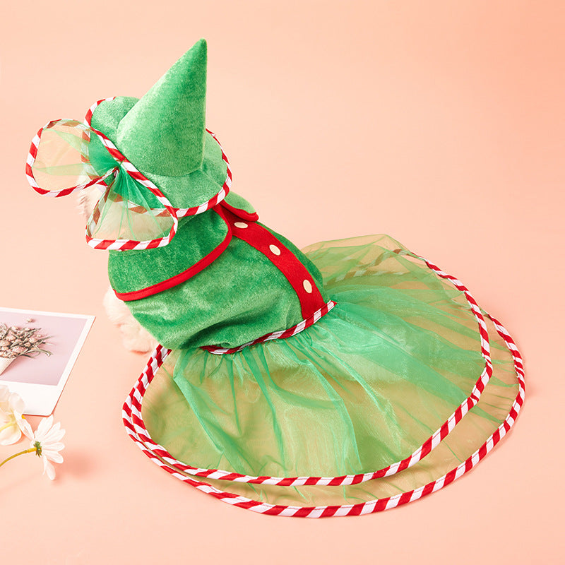 KFX-4950589 Cute Green Gauze Skirt and Hat Outfit for Dogs - Holiday Pet Clothing