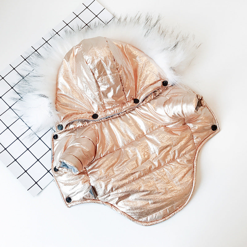 KFX-4953149 Cozy Cotton-Padded Dog Jacket with Fur Collar in Bright Gold and Silver