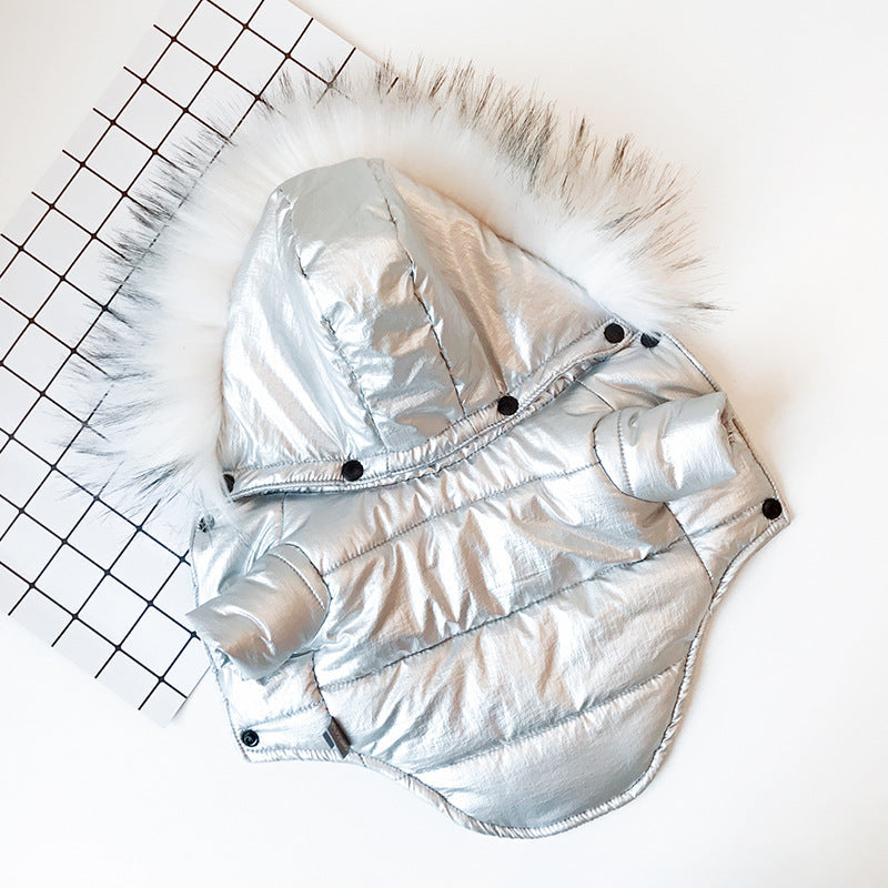 KFX-4953149 Cozy Cotton-Padded Dog Jacket with Fur Collar in Bright Gold and Silver