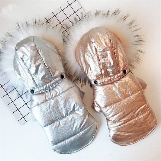 KFX-4953149 Cozy Cotton-Padded Dog Jacket with Fur Collar in Bright Gold and Silver