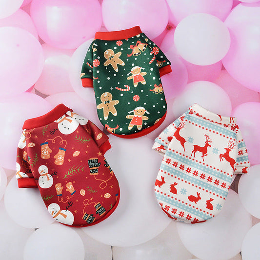 KFX-4954045 Christmas-themed Cartoon Dog Clothing - Mesh Vest Style in Red and Green Snowman and Deer Designs