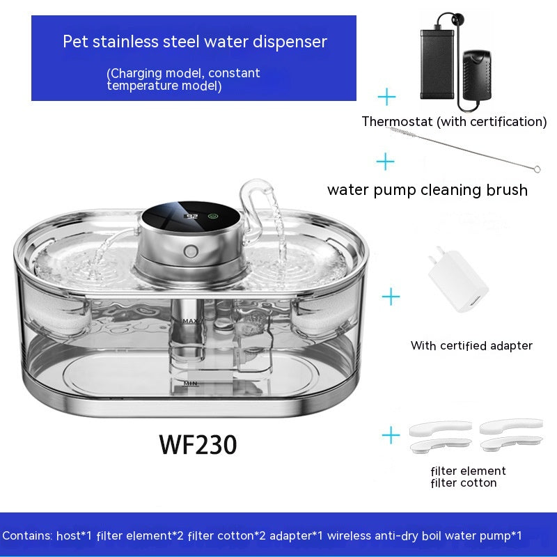 KFX-4954813 Rechargeable Stainless Steel Pet Water Dispenser with Wireless Temperature Control for Dogs and Cats