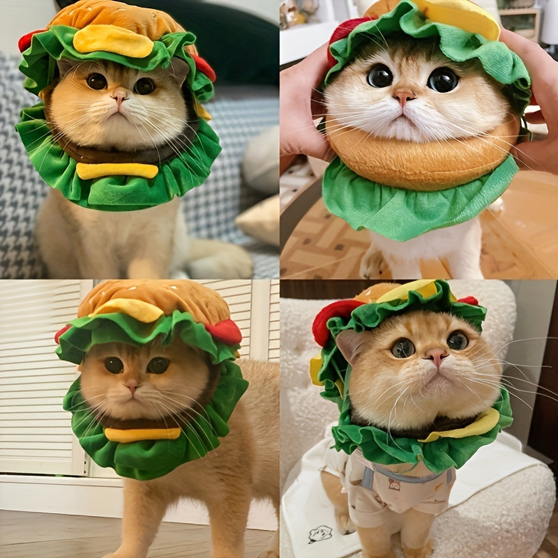 KFX-4967741 Funny Cat Burger Headdress Collar - Whimsical Pet Cartoon Hat