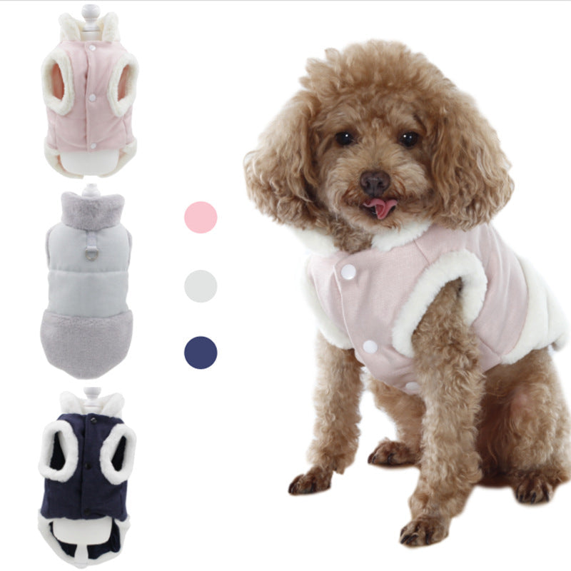 KFX-4968637 Warm Plush Dog Vest with Fur Collar - Soft, Comfortable Pet Clothing in Pink, Navy Blue, Gray, Sizes S-XL