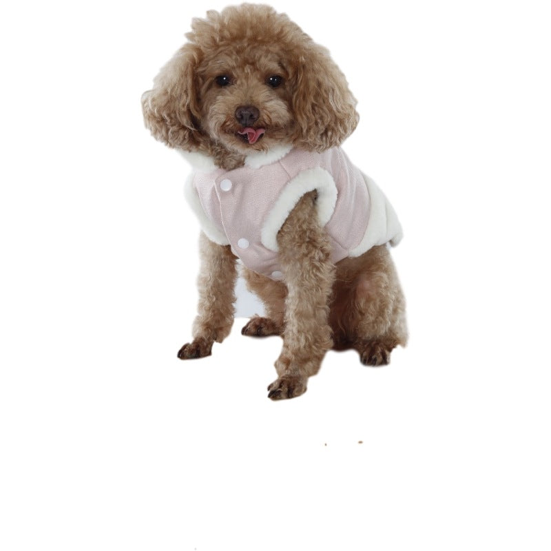 KFX-4968637 Warm Plush Dog Vest with Fur Collar - Soft, Comfortable Pet Clothing in Pink, Navy Blue, Gray, Sizes S-XL