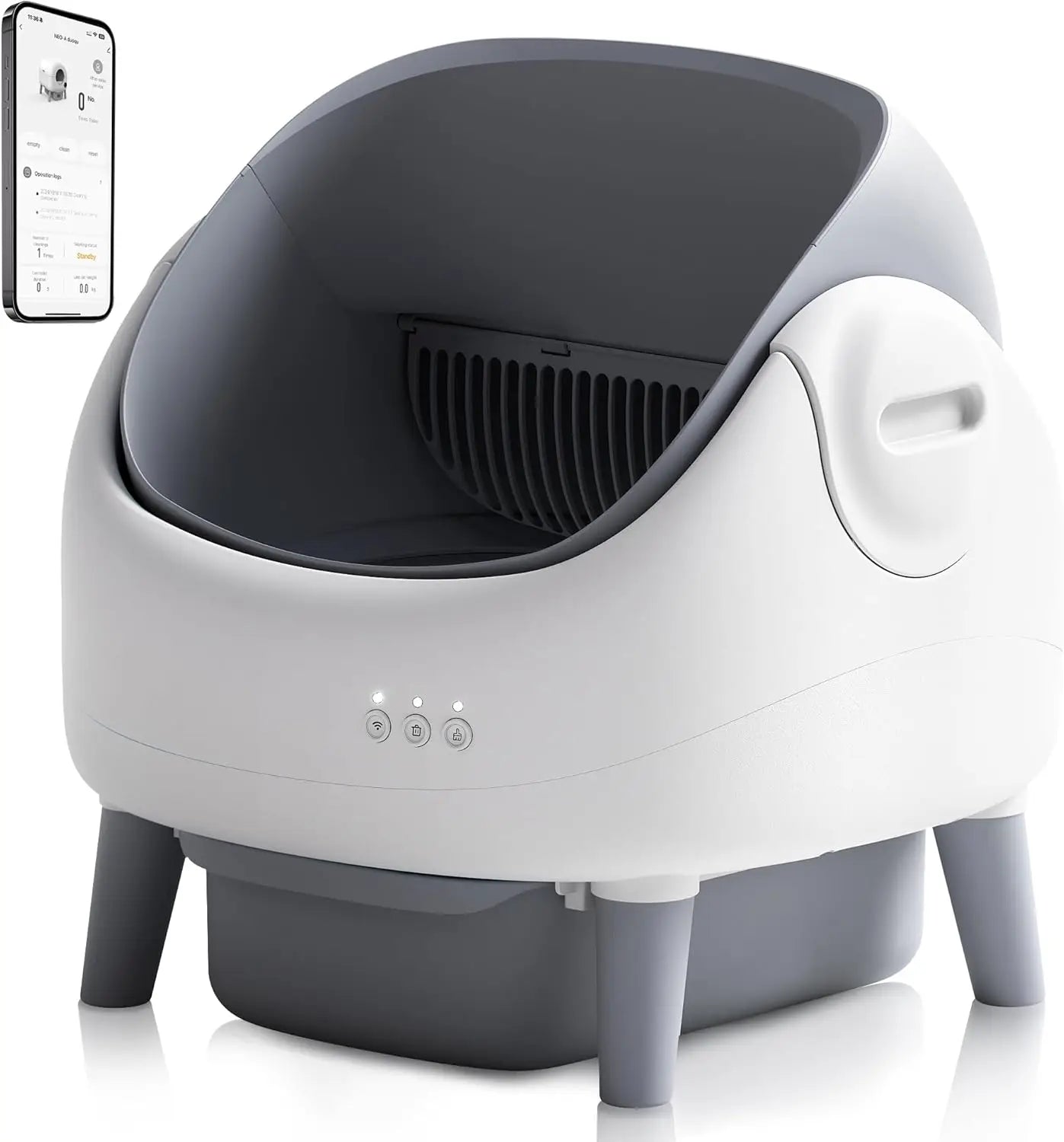 KFX-497363 Automatic Self-Cleaning Cat Litter Box with APP Control and Dual Safety Sensors, Grey-White Plastic