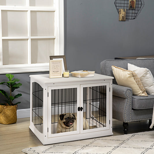 KFX-4973885 32" White Dog Crate Furniture with Lockable Doors and Dual Access for Small Dogs