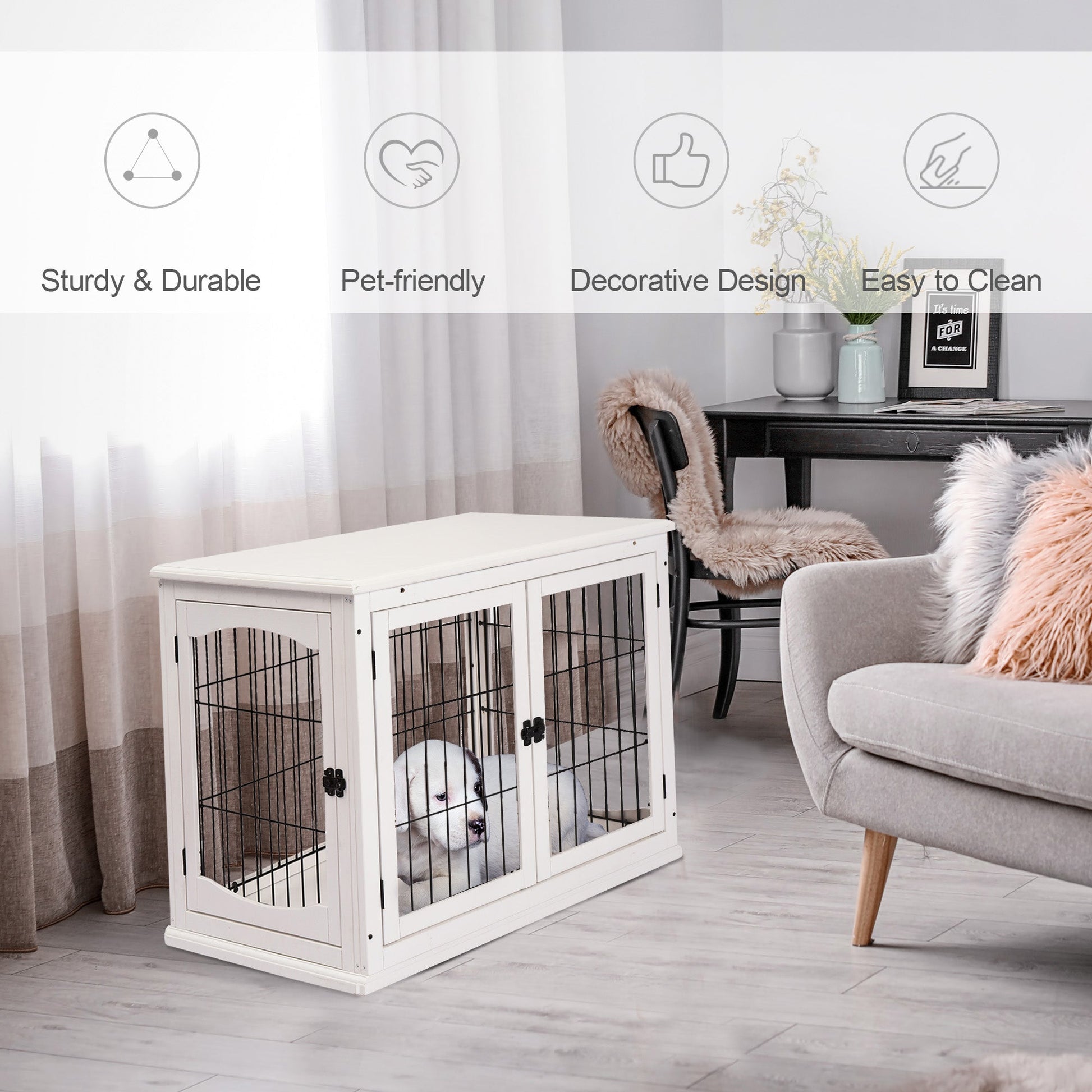 KFX-4973885 32" White Dog Crate Furniture with Lockable Doors and Dual Access for Small Dogs