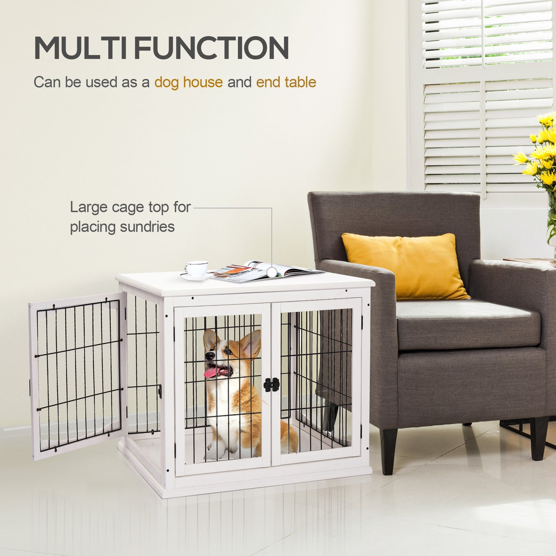 KFX-4973885 32" White Dog Crate Furniture with Lockable Doors and Dual Access for Small Dogs