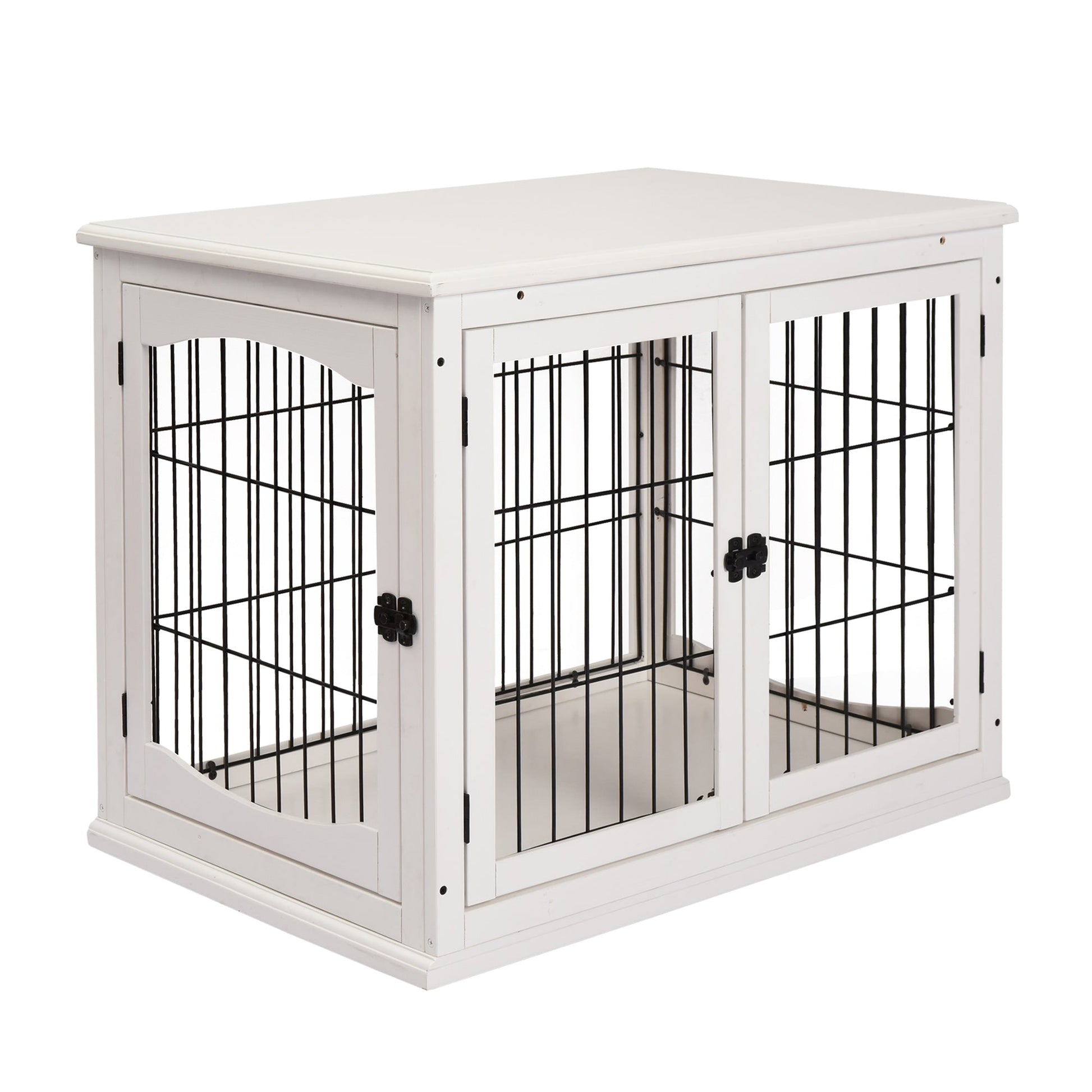 KFX-4973885 32" White Dog Crate Furniture with Lockable Doors and Dual Access for Small Dogs